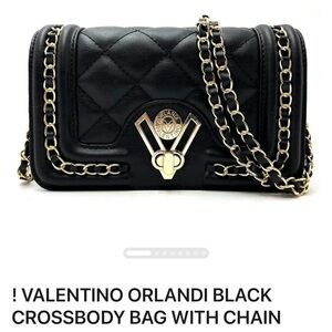 Valentino Orlandi Quilted Black Crossbody Bag with Gold Chain